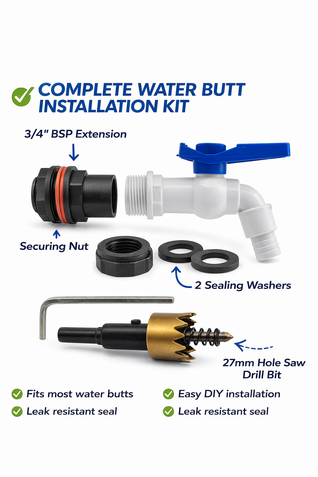 3/4" Water Butt Fitting Set with White PVC Tap & Hole Saw