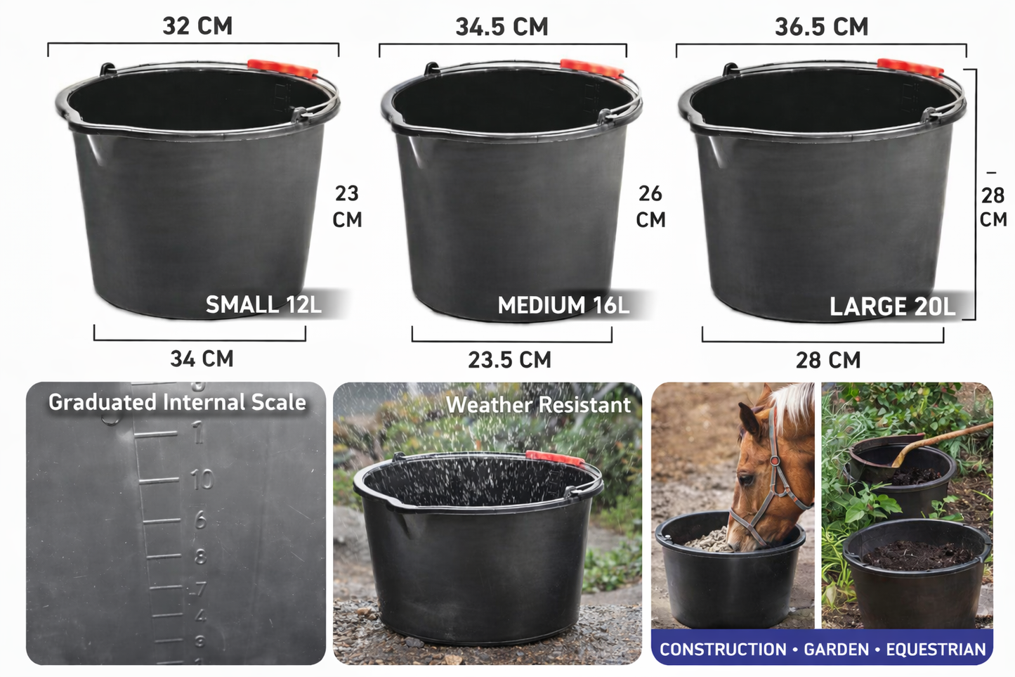 Heavy Duty Black Builders Bucket Plastic Garden Stable Multi Use 12-20L