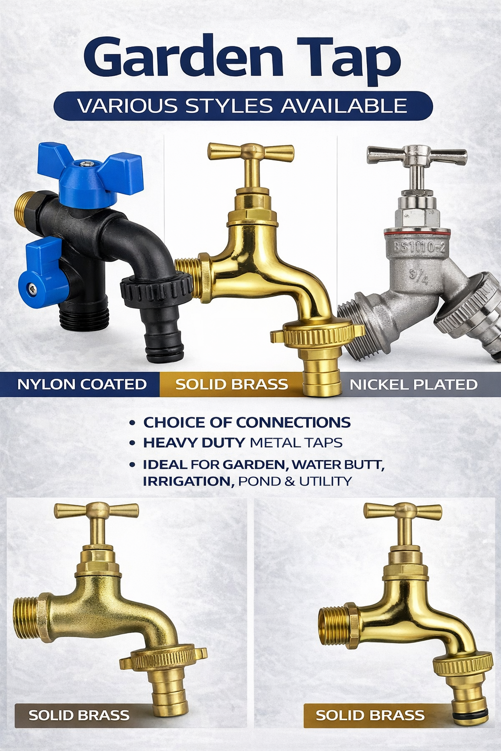 Outdoor Garden Tap 1/2" 3/4" BSP Brass Nickel Nylon Hose Connector Barb Options