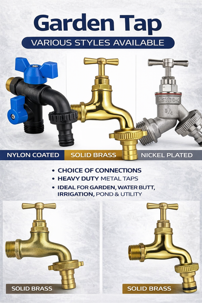 Outdoor Garden Tap 1/2" 3/4" BSP Brass Nickel Nylon Hose Connector Barb Options