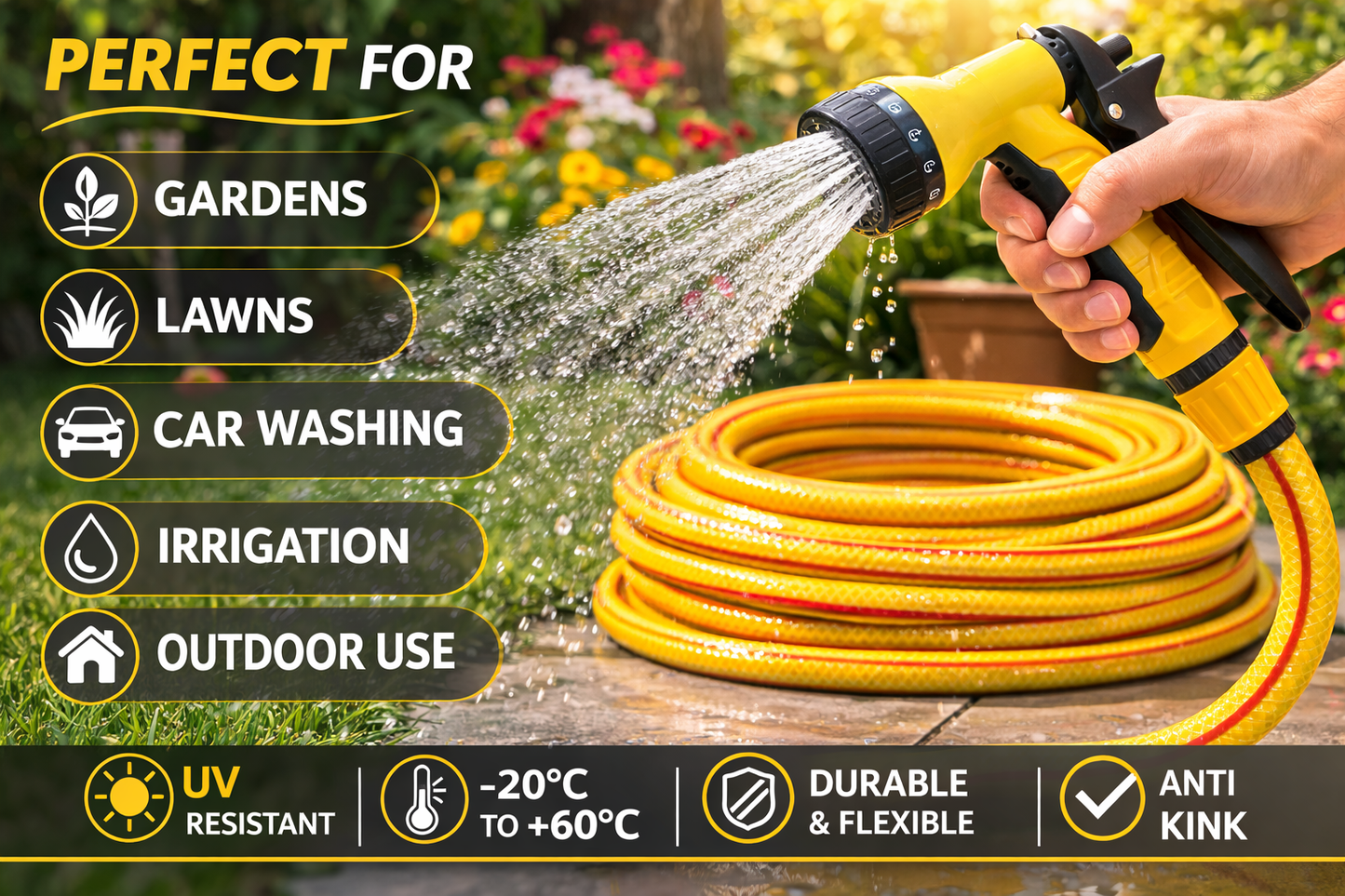 6 Layer Garden Hose Pipe 1/2" Yellow Anti Kink UV Resistant Water Hose