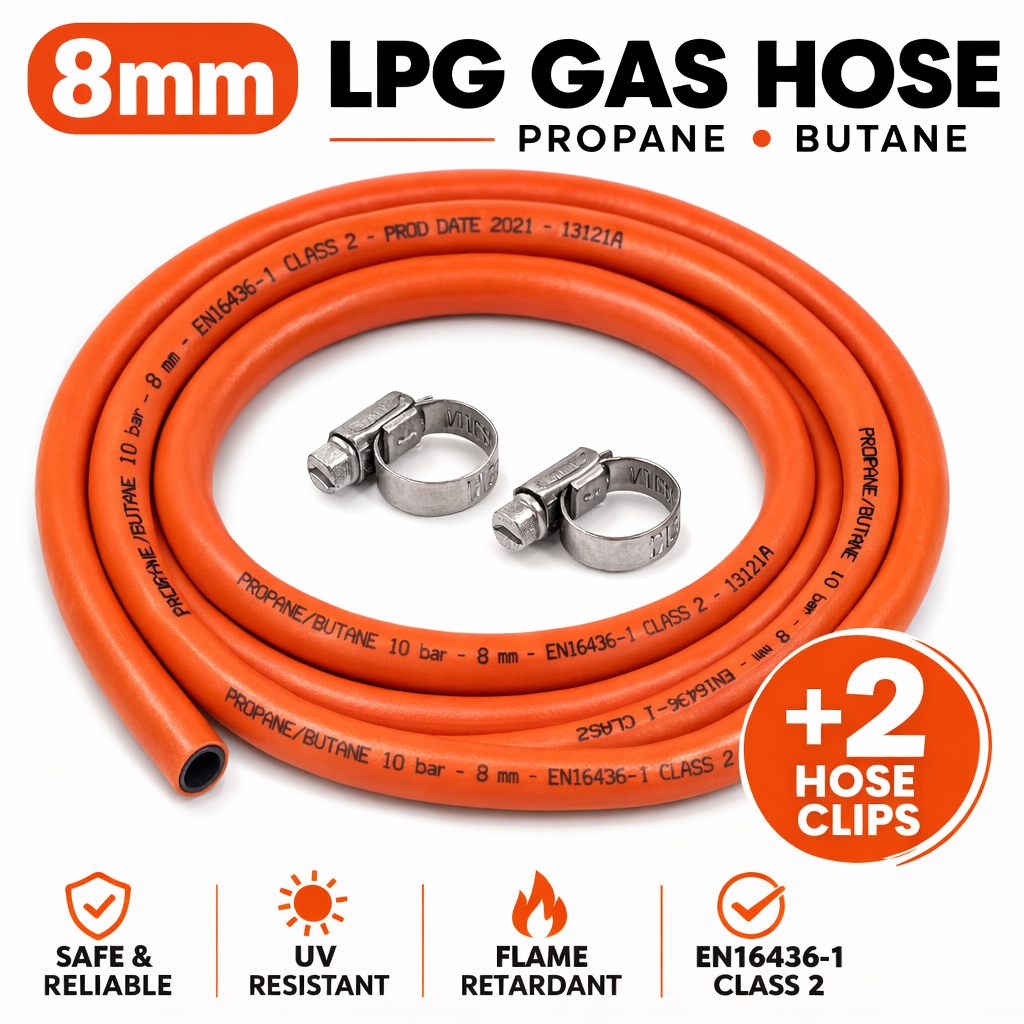 LPG Gas Hose 8mm Propane Butane Pipe BBQ Caravan Camping + 2 Hose Clips