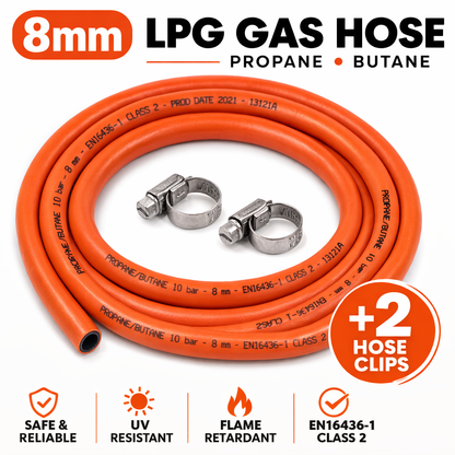 LPG Gas Hose 8mm Propane Butane Pipe BBQ Caravan Camping + 2 Hose Clips