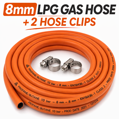 LPG Gas Hose 8mm Propane Butane Pipe BBQ Caravan Camping + 2 Hose Clips