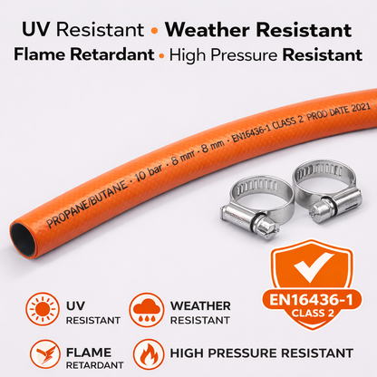 LPG Gas Hose 8mm Propane Butane Pipe BBQ Caravan Camping + 2 Hose Clips