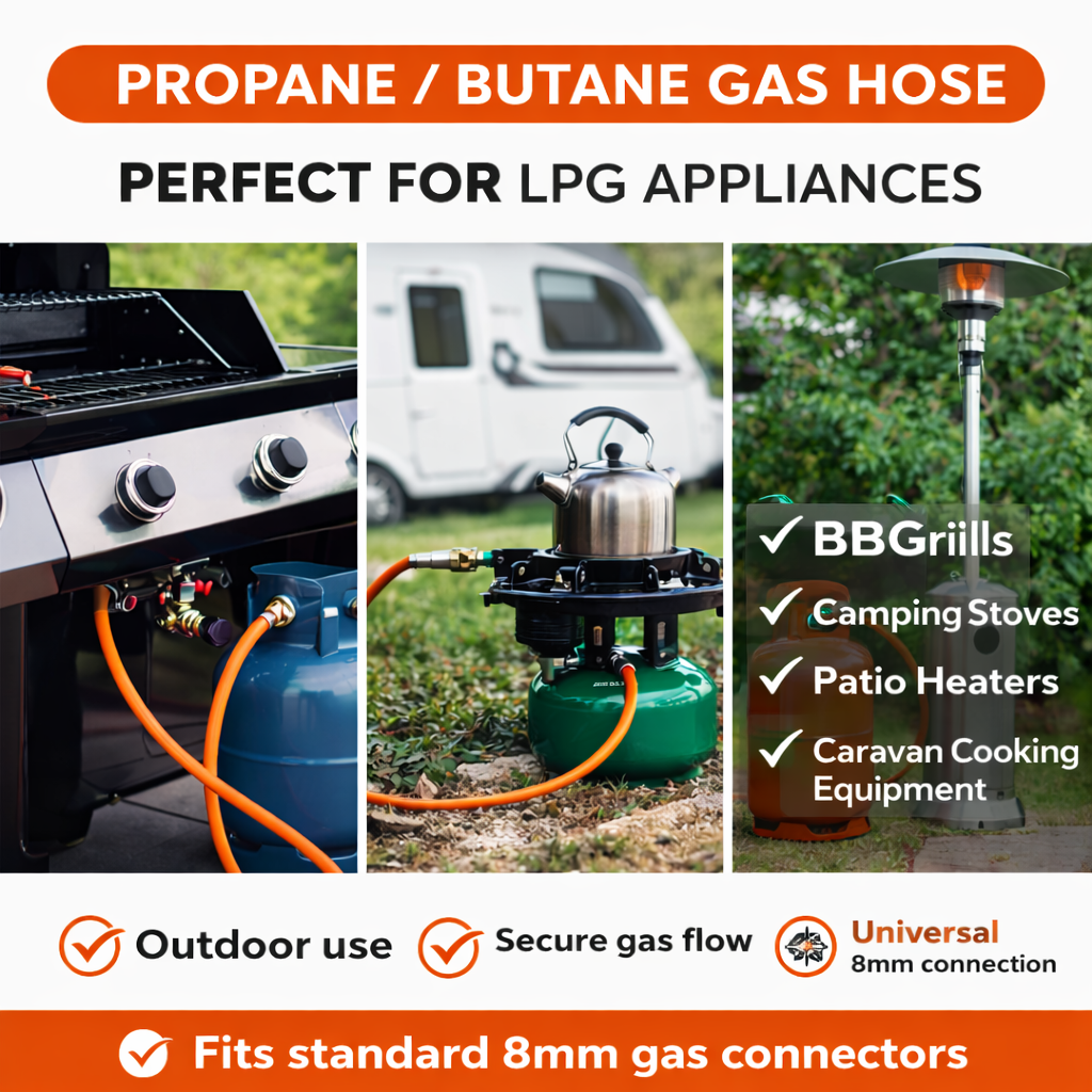 LPG Gas Hose 8mm Propane Butane Pipe BBQ Caravan Camping + 2 Hose Clips