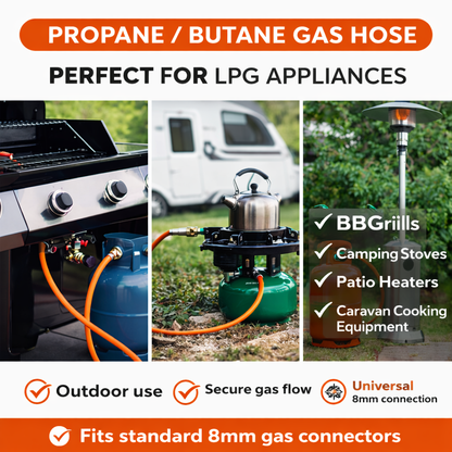 LPG Gas Hose 8mm Propane Butane Pipe BBQ Caravan Camping + 2 Hose Clips