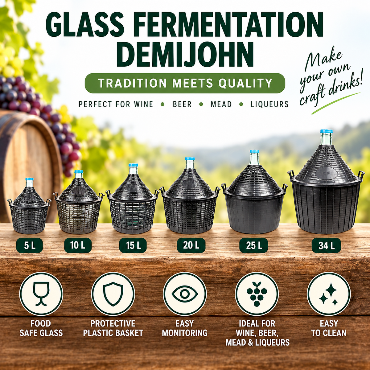 10L 15L 20L 25L 34L - Glass Demijohn With Basket For Wine Beer Mead Fermentation
