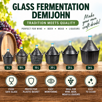 10L 15L 20L 25L 34L - Glass Demijohn With Basket For Wine Beer Mead Fermentation