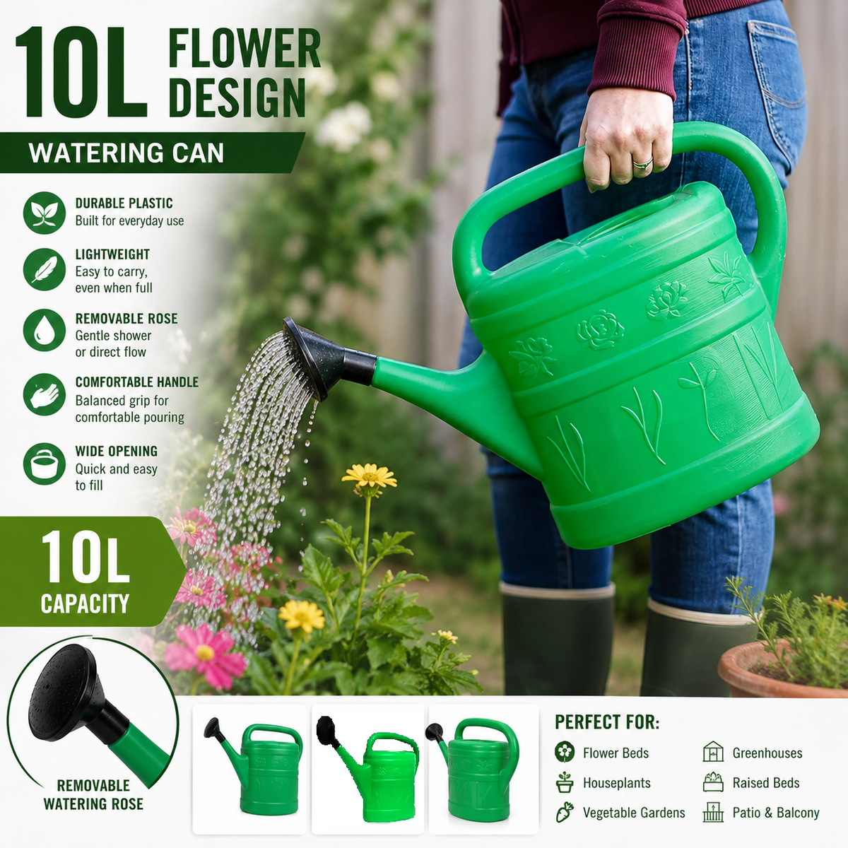 Agritrade Plastic Watering Can 10L Flower Design Garden Indoor Outdoor.