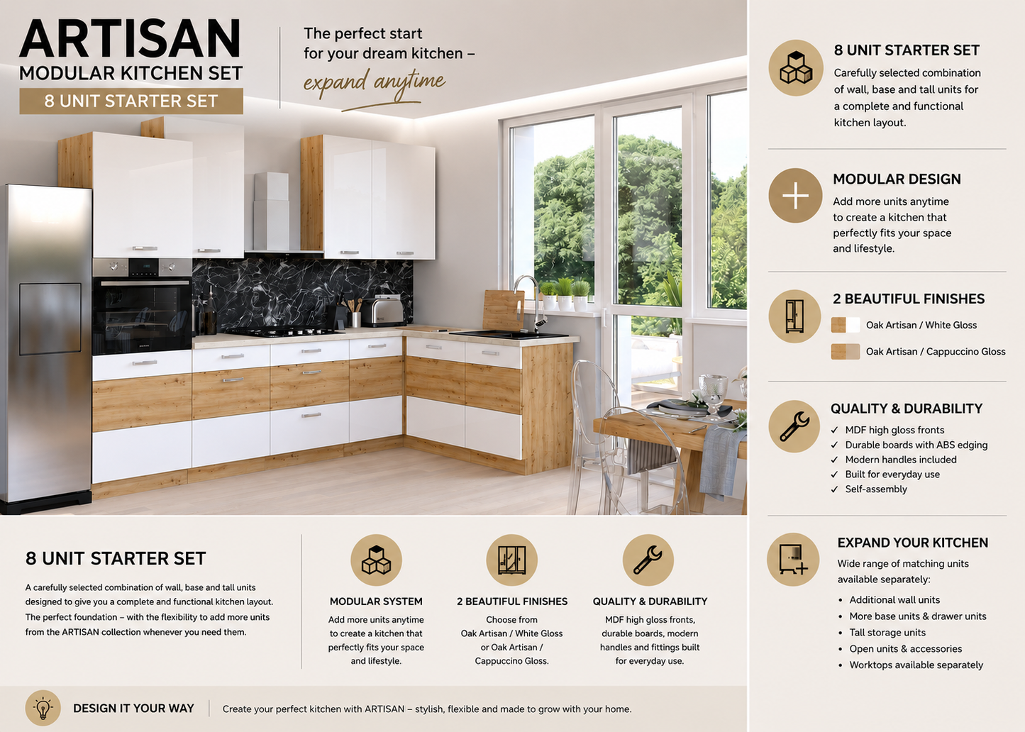 ARTISAN Modular Kitchen – White Gloss or Cappuccino Gloss