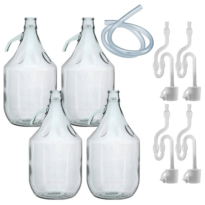 Set of 4 Plain 5L Glass Demijohns Complete With Airlock, Bung and Tube