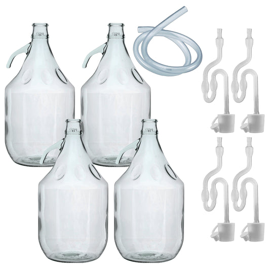 Set of 4 Plain 5L Glass Demijohns Complete With Airlock, Bung and Tube