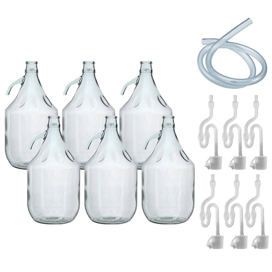 Set of 6 Plain 5L Glass Demijohns Complete With Airlock, Bung and Tube