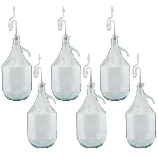 Set of 6 Plain 5L Glass Demijohns Complete With Airlock and Bung