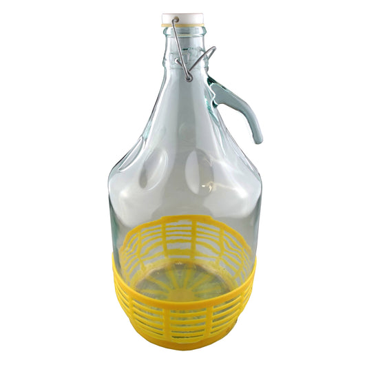 5‑Litre Glass Demijohn Bottle with Swing‑Top Lid and Yellow Safety Basket