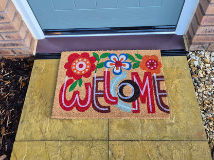 Coir Doormat 60cm x 40cm – ‘Welcome’ with Floral Design