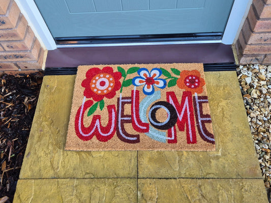 Coir Doormat 60cm x 40cm – ‘Welcome’ with Floral Design