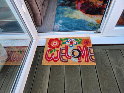 Coir Doormat 60cm x 40cm – ‘Welcome’ with Floral Design