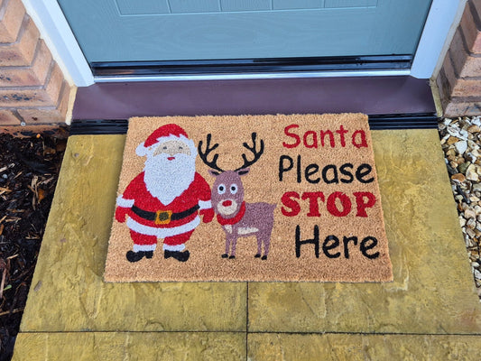 Coir Doormat 60cm x 40cm – ‘Santa Please Stop Here’ Christmas Design
