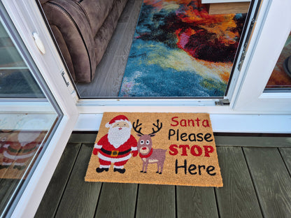 Coir Doormat 60cm x 40cm – ‘Santa Please Stop Here’ Christmas Design