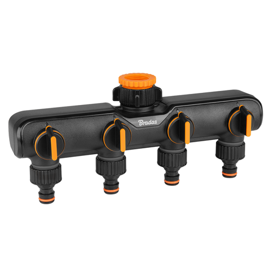 Four-Way Garden Tap Splitter with Valves – Orange/Black
