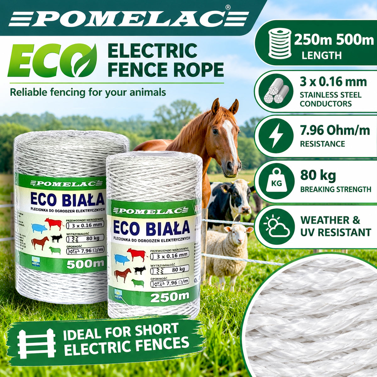 POMELAC ECO Electric Fence Rope 250m 500m White 3x0.16mm Horse Cattle Livestock