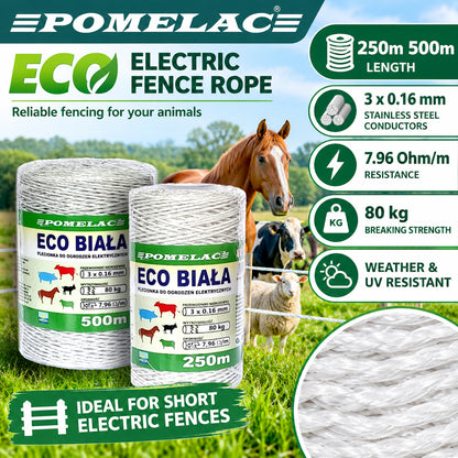 POMELAC ECO Electric Fence Rope 250m 500m White 3x0.16mm Horse Cattle Livestock