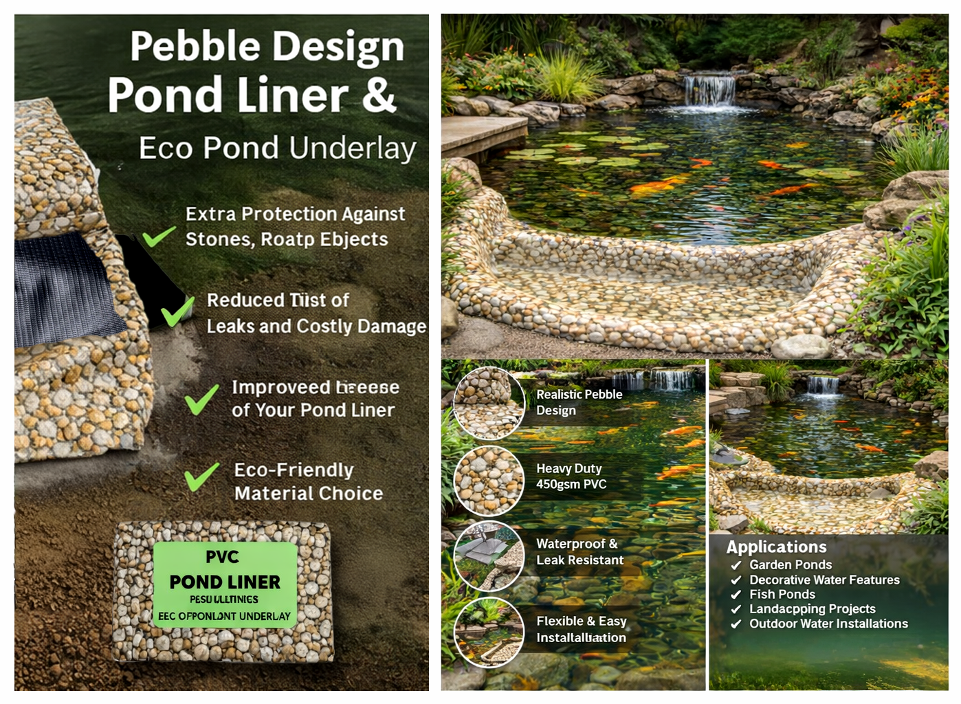 Pebble Effect Pond Liner 450gsm PVC with Underlay – Heavy Duty Garden Lining