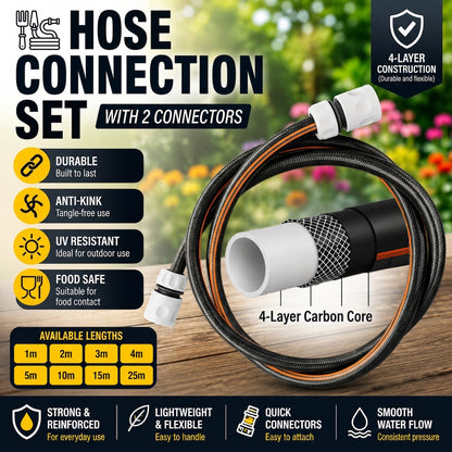 Premium 4 Layer Garden Carbon BLACK Hose Pipe Watering Hose with 2 Hose Connectors
