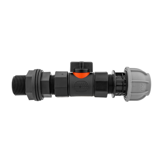 Water Butt Connector 3/4" BSP with In-Line BSPF Valve and 20mm MDPE Straight Connector