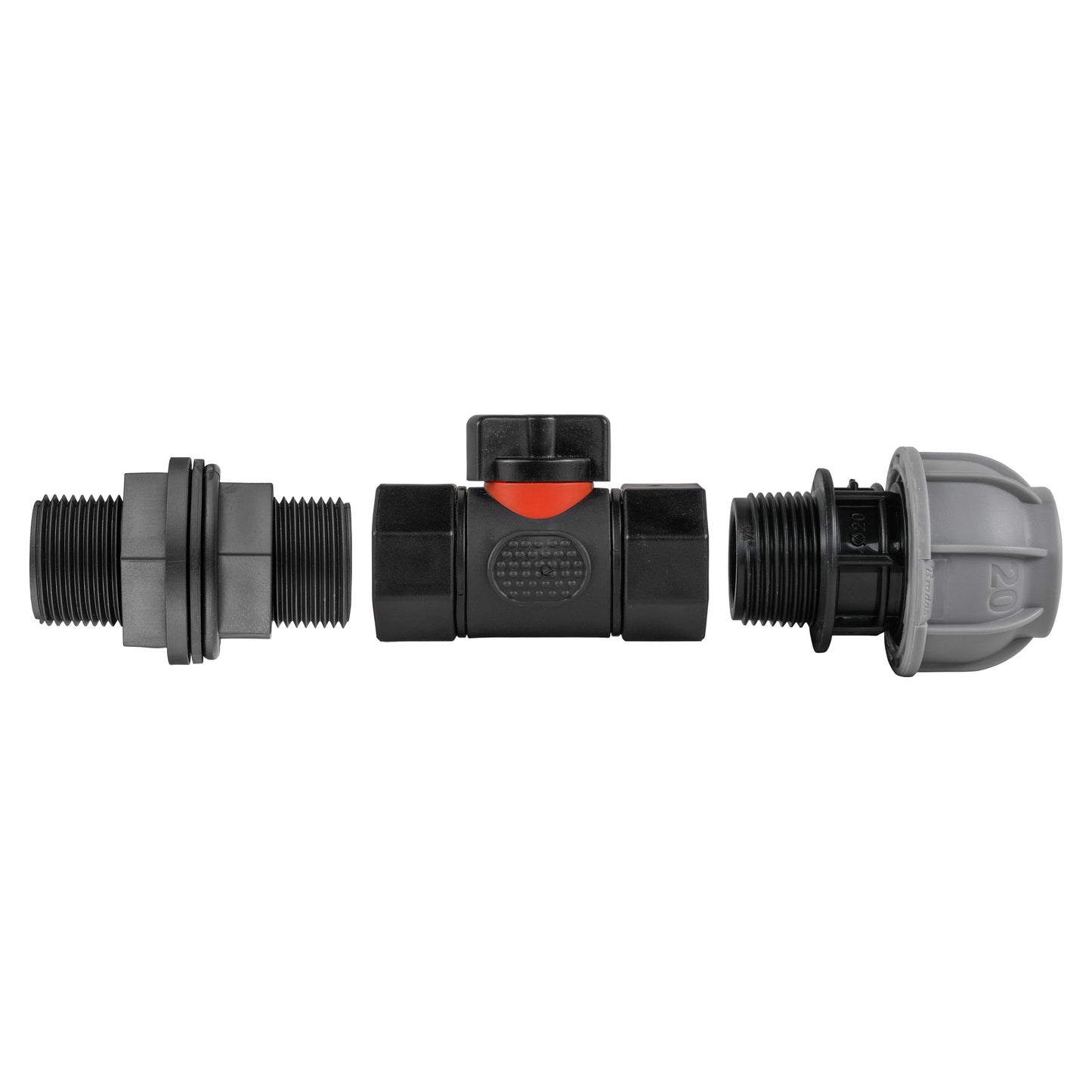 Water Butt Connector 3/4" BSP with In-Line BSPF Valve and 20mm MDPE Straight Connector