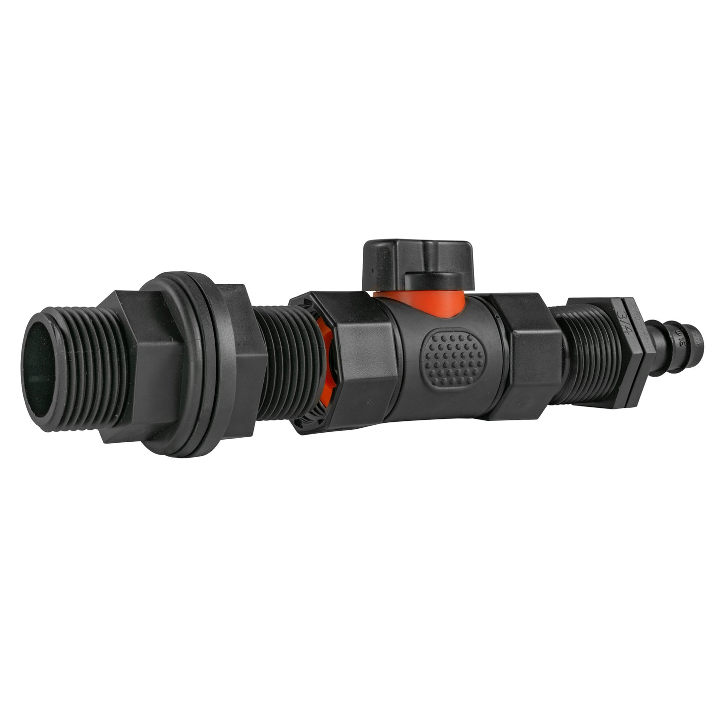 Water Butt Connector 3/4" BSP with In-Line BSPF Valve and 16mm Barbed Connector