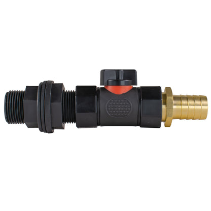 Water Butt Connector 3/4" BSP with In-Line BSPF Valve and 19mm Brass Barbed Fitting