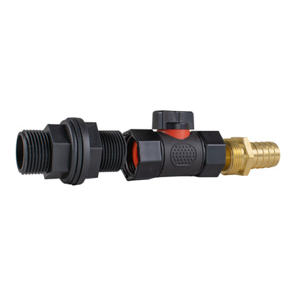 Water Butt Connector 3/4" BSP with In-Line BSPF Valve and 19mm Brass Barbed Fitting