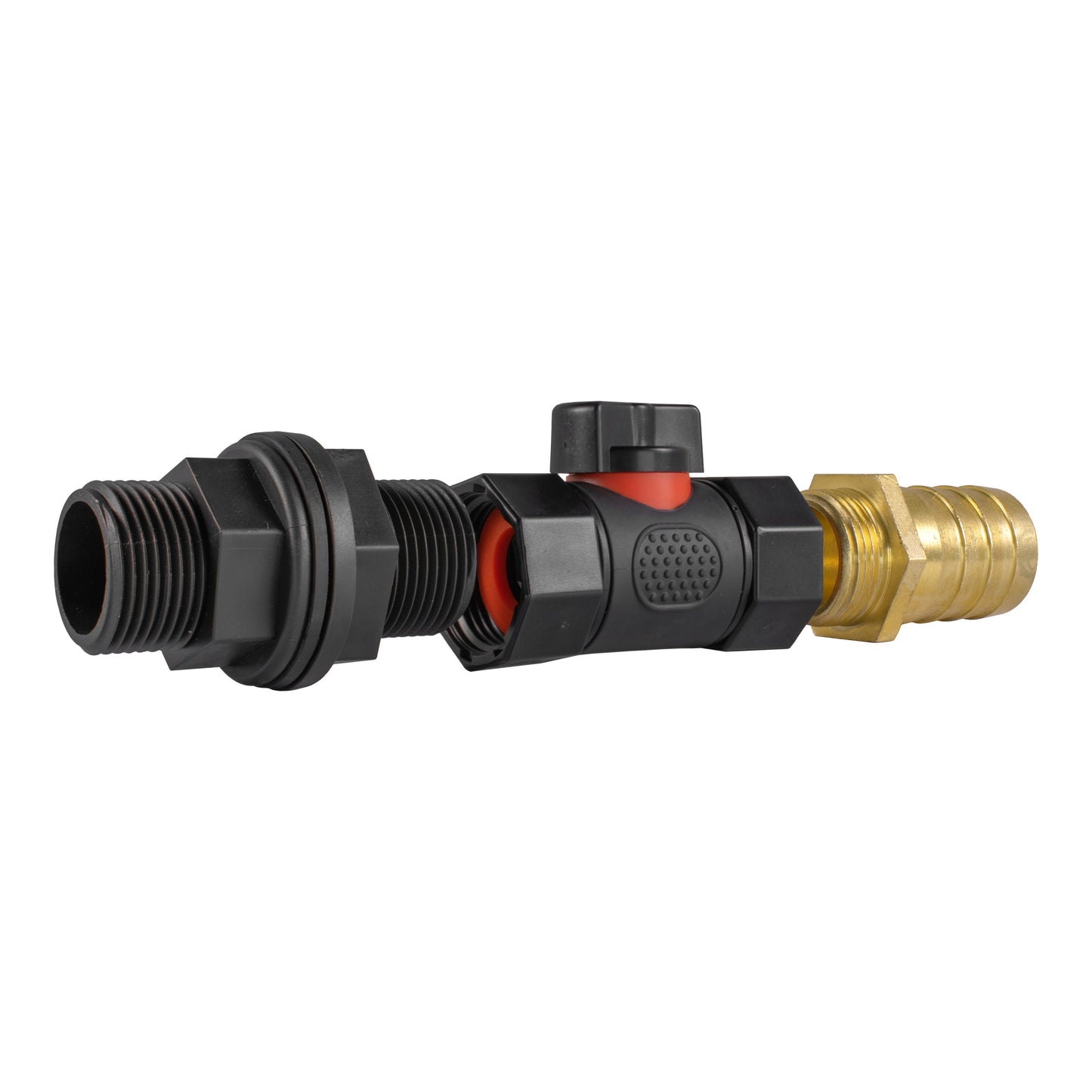 Water Butt Connector 3/4" BSP with In-Line BSPF Valve and 25mm Brass Barbed Fitting