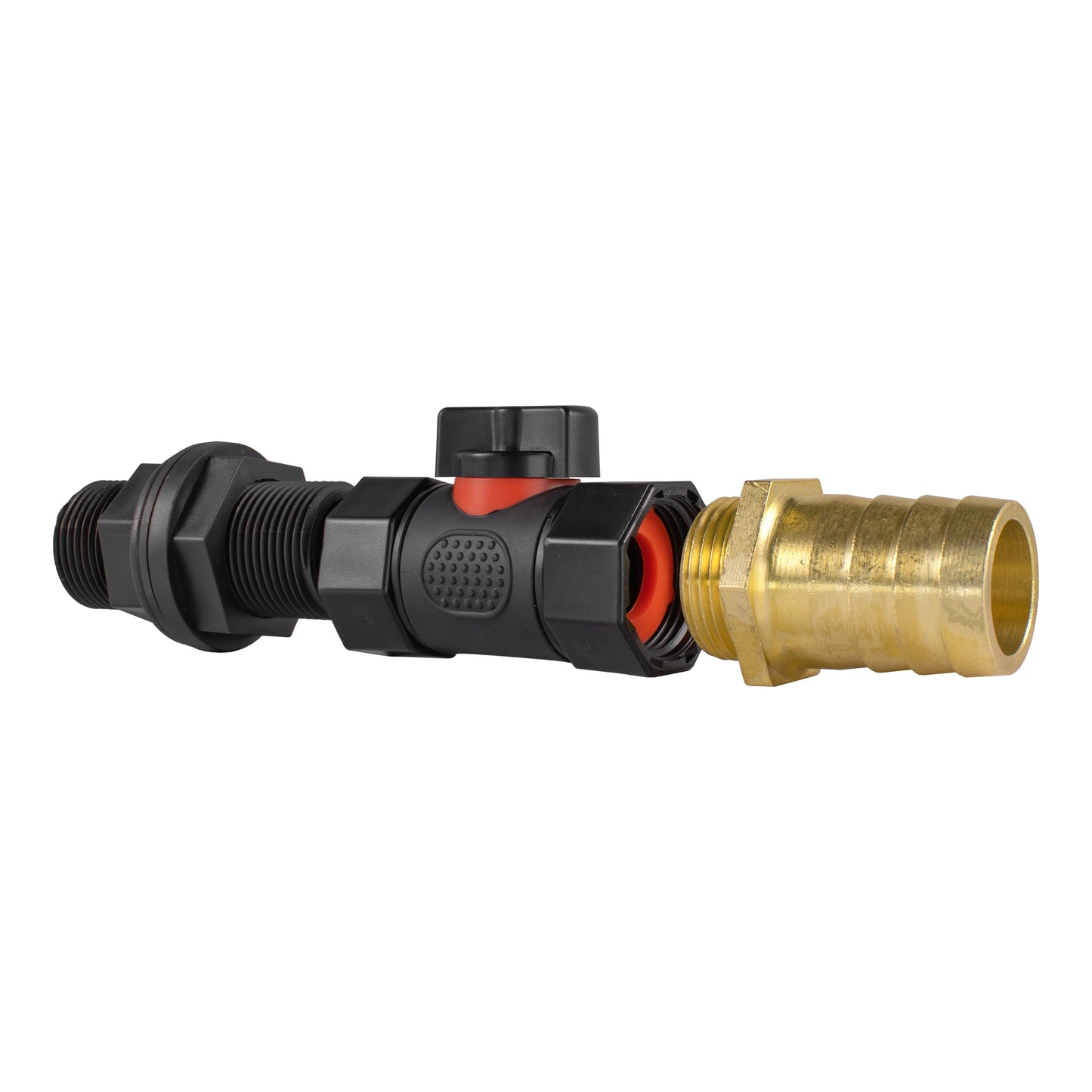 Water Butt Connector 3/4" BSP with In-Line BSPF Valve and 25mm Brass Barbed Fitting