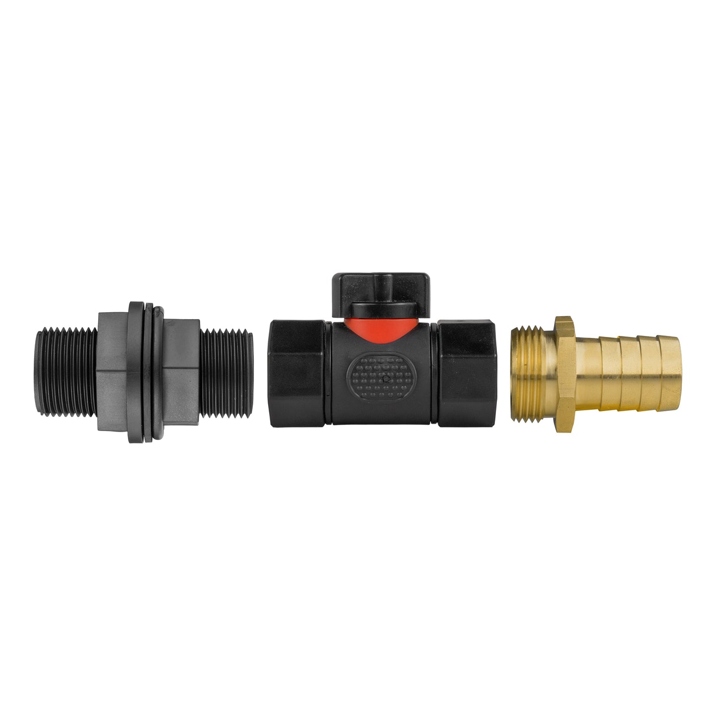 Water Butt Connector 3/4" BSP with In-Line BSPF Valve and 25mm Brass Barbed Fitting