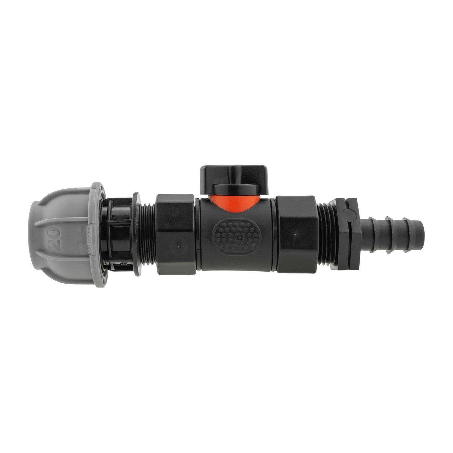 20mm MDPE Straight Connector with In-Line BSPF Valve and 16mm Barbed Connector