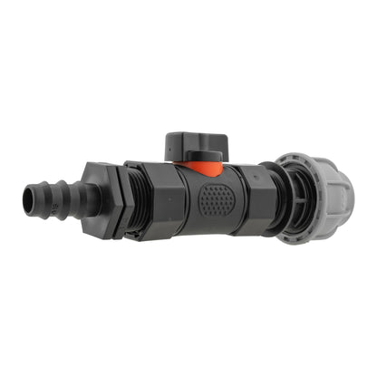 20mm MDPE Straight Connector with In-Line BSPF Valve and 16mm Barbed Connector