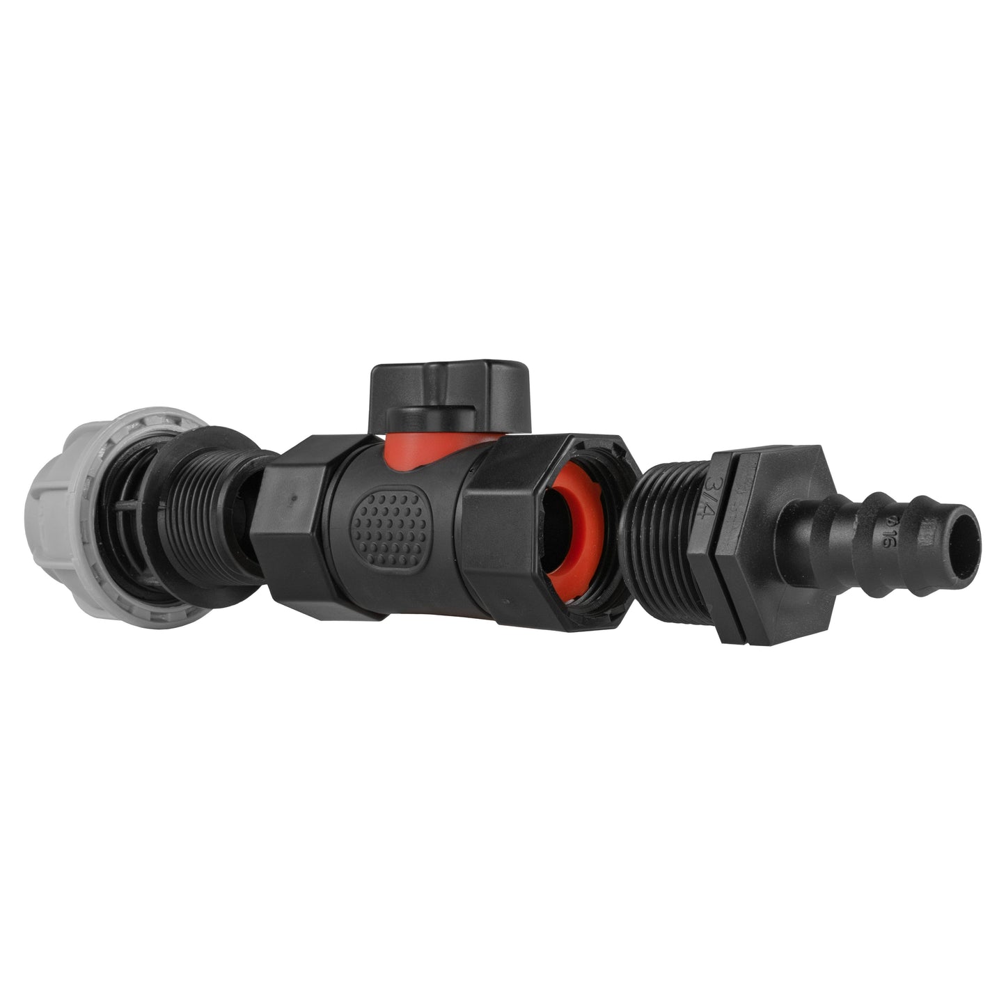 20mm MDPE Straight Connector with In-Line BSPF Valve and 16mm Barbed Connector