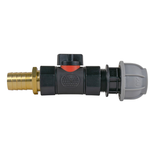 20mm MDPE Straight Connector with In-Line BSPF Valve and 19mm Brass Barb