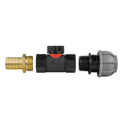 20mm MDPE Straight Connector with In-Line BSPF Valve and 19mm Brass Barb