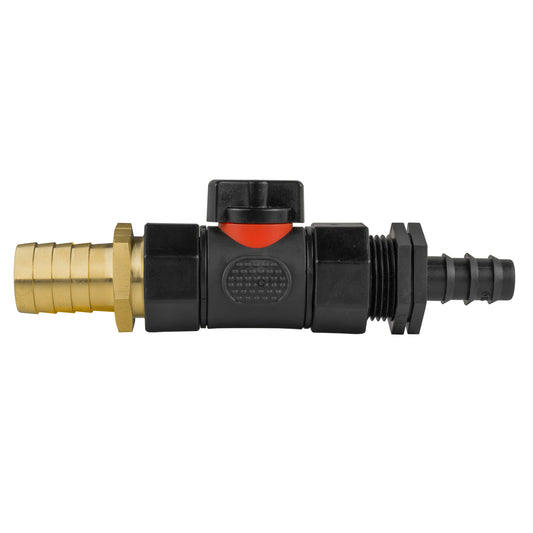 16mm Straight Barbed Connector with Inline BSP Female Valve and 19mm Brass Barb
