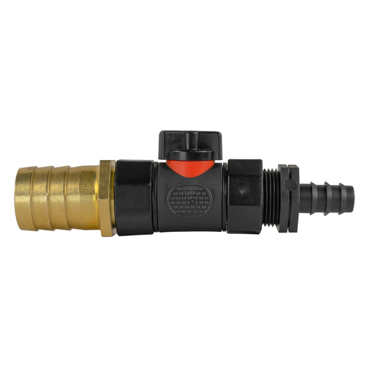16mm Barbed Joiner with Integrated BSPF Valve and 25mm Brass Hose Connector