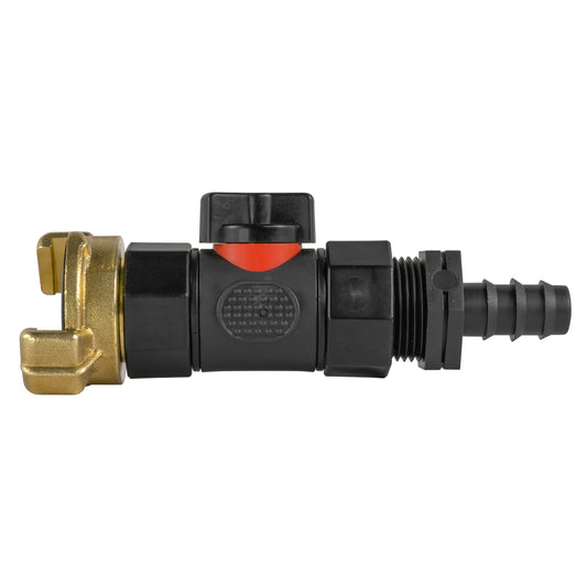 16mm Barbed Straight Connector with In-Line BSPF Valve and Geka Fitting