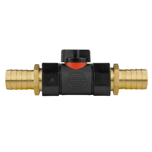 19mm Brass Hose Tail with BSPF Valve and 25mm Brass Outlet Fitting