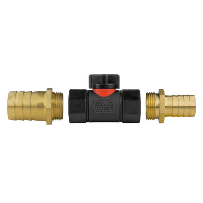 19mm Brass Hose Tail with BSPF Valve and 25mm Brass Outlet Fitting