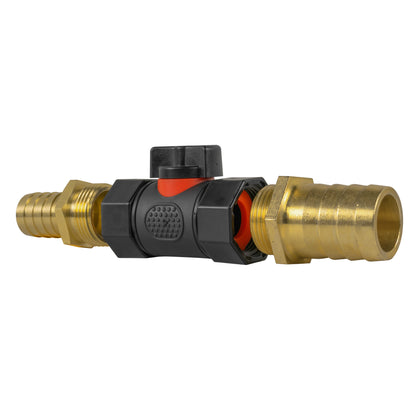 19mm Brass Hose Tail with BSPF Valve and 25mm Brass Outlet Fitting