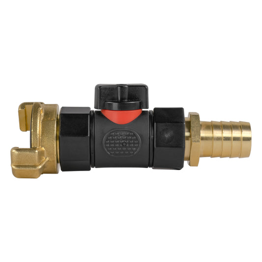19mm Brass Barb Adapter with In-Line BSPF Valve and Geka Type Coupling
